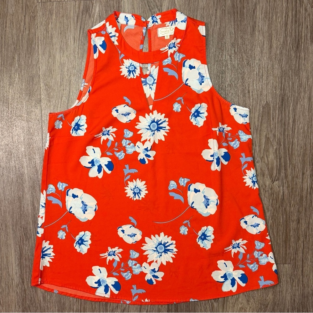 Mudpie Red Floral Sleeveless Blouse- Women’s Medium- White/Blue Flowers